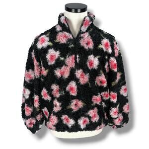 Sandy Liang Target Sherpa 1/4 Zip Jacket Women's Medium Pink Black Floral Fleece